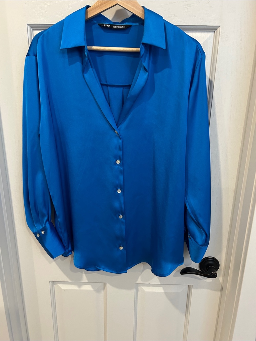 Zara Bright Blue Satin Button-Down Blouse